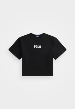Black cropped t-shirt made of cotton, featuring short sleeves and a centered white "POLO" logo on the front. Smooth texture.