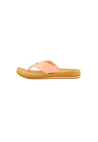 Flip-flop sandal featuring an orange fabric strap with a geometric pattern, a cushioned, tan rubber sole, and a minimalistic design.