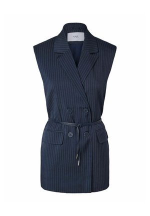 Navy blue sleeveless pinstripe blazer with double-breasted buttons, notched lapels, flap pockets, and a thin adjustable waist belt.