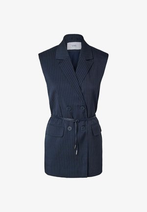 Navy blue sleeveless pinstripe blazer with double-breasted buttons, notched lapels, flap pockets, and a thin adjustable waist belt.