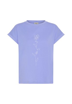 Liliowa koszulka z krótkim rękawem z podwiniętymi mankietami i białym, ciągłym rysunkiem róży na tle twarzy na przednim środku.