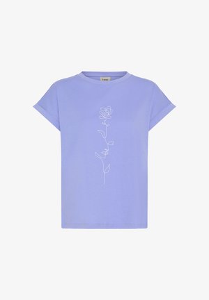 Liliowa koszulka z krótkim rękawem z podwiniętymi mankietami i białym, ciągłym rysunkiem róży na tle twarzy na przednim środku.