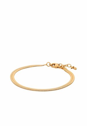 Vékony arany lánc karkötő csigafogóval és kis hosszabbító lánccal fehér háttéren.