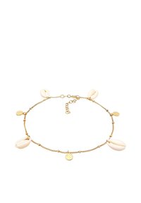 Guld kædeanklet med hvide cowrie-skaller og runde guldfarvede detaljer. Justerbar lås med ekstra kædeled til tilpasning af størrelsen.