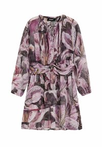 Blumenmuster-Kleid in Lila- und Pinktönen, mit langen Ärmeln, einem runden Ausschnitt und einer gebundenen Taille für eine verstellbare Passform.