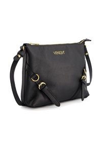 Sort læder crossbody taske med en tekstureret overflade, hardware i guldfarvet tone, toplynlås og justerbar skulderrem.