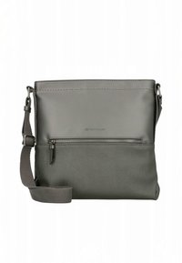 Grijze schoudertas gemaakt van gestructureerde stof en glad materiaal, met een zak met ritssluiting en een verstelbare band.