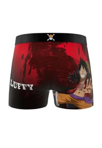Boxer noir avec un fond rouge, illustration d'un personnage aux cheveux bruns portant un chapeau de paille, texte "LUFFY" en blanc.