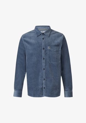 Blauwe corduroy blouse met lange mouwen, knoopsluiting aan de voorkant, borstzak en een klein logo-label. Heeft een verticale ribbeltextuur.