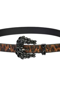 Cinturón de cuero con estampado de leopardo y hebilla decorada con gemas negras, con un diseño ajustable y un acabado suave. Incluye un cierre decorativo.