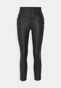 Svarta högmidjade leggings i ett slätt, blankt material. Har femknappslåsstängning och framfickor. Skräddarsydd, smal passform.