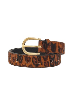 Leopardprint leren riem met een gouden metalen gesp en decoratieve uitsparingen langs de band. Kleurenschema bestaat uit bruin, zwart en goud.