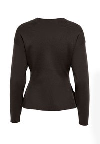 Σκούρο καφέ μακρυμάνικη πλεκτή μπλούζα με στρογγυλή λαιμόκοψη, εμφανίζεται από πίσω σε λευκό φόντο.