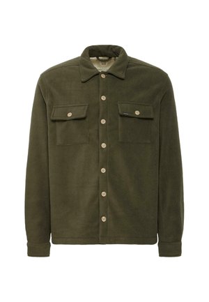 Olive green fleece jacket with a pointed collar, two chest pockets, and light-colored buttons, featuring a soft texture and relaxed fit.