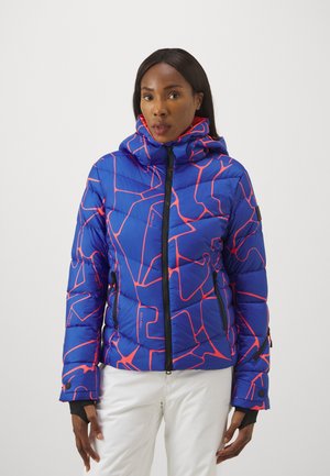 Blue puffer jacket with pink geometric patterns, zippered front, and adjustable hood. Features elastic cuffs and side pockets.