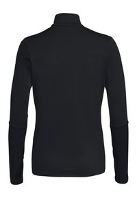 Zwarte pullover met lange mouwen en een hoge kraag, een gladde textuur en geen zichtbare sluitingen. Bevat een naad over de bovenrug.