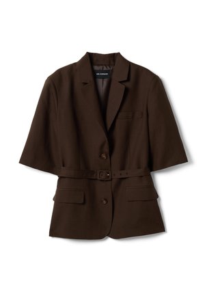 Dark brown short-sleeve blazer with notched lapels, two front flap pockets, one chest pocket, button closure, and matching belt at the waist.