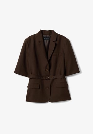 Dark brown short-sleeve blazer with notched lapels, two front flap pockets, one chest pocket, button closure, and matching belt at the waist.