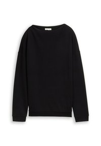 Sweatshirt noir à manches longues avec un col large, texture côtelée et poignets ajustés. Présente une coupe décontractée et un design minimaliste.