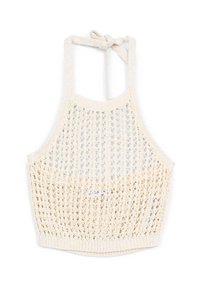 Top halter all'uncinetto di colore bianco sporco. Presenta una trama allentata, lacci regolabili al collo e orlo a banda solida. Texture leggera.