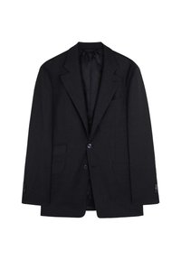 Blazer negro de un solo botón con solapas de muesca, dos botones frontales, bolsillos de solapa y puños abotonados, mostrado sobre un fondo blanco.