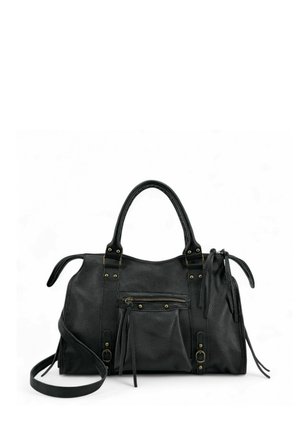 Sac à main en cuir noir texturé avec deux poignées, une poche zippée à l'avant, des détails à boucle et une bandoulière amovible.