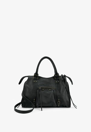 Sac à main en cuir noir texturé avec deux poignées, une poche zippée à l'avant, des détails à boucle et une bandoulière amovible.