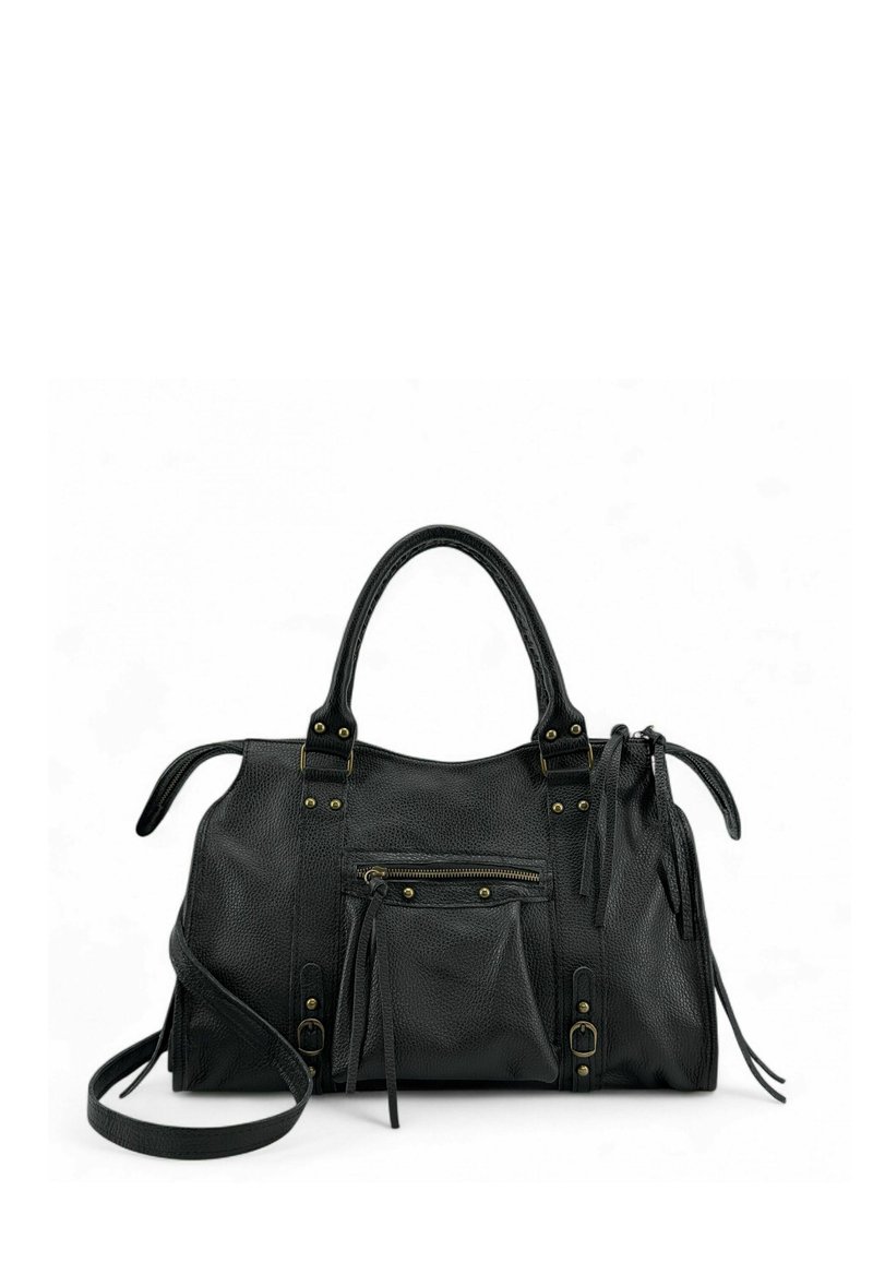 Sac à main en cuir noir texturé avec deux poignées, une poche zippée à l'avant, des détails à boucle et une bandoulière amovible.