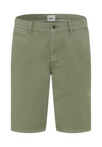 Pantaloni corti in cotone verde con taglio dritto, chiusura con zip e bottone, tasca frontale e cuciture ordinate.