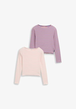 Dve tričká s dlhým rukávom, jedno levanduľové s ružovými prúžkami a jedno svetloružové s bielymi prúžkami, obidve s cropovaným, zvlneným lemom.