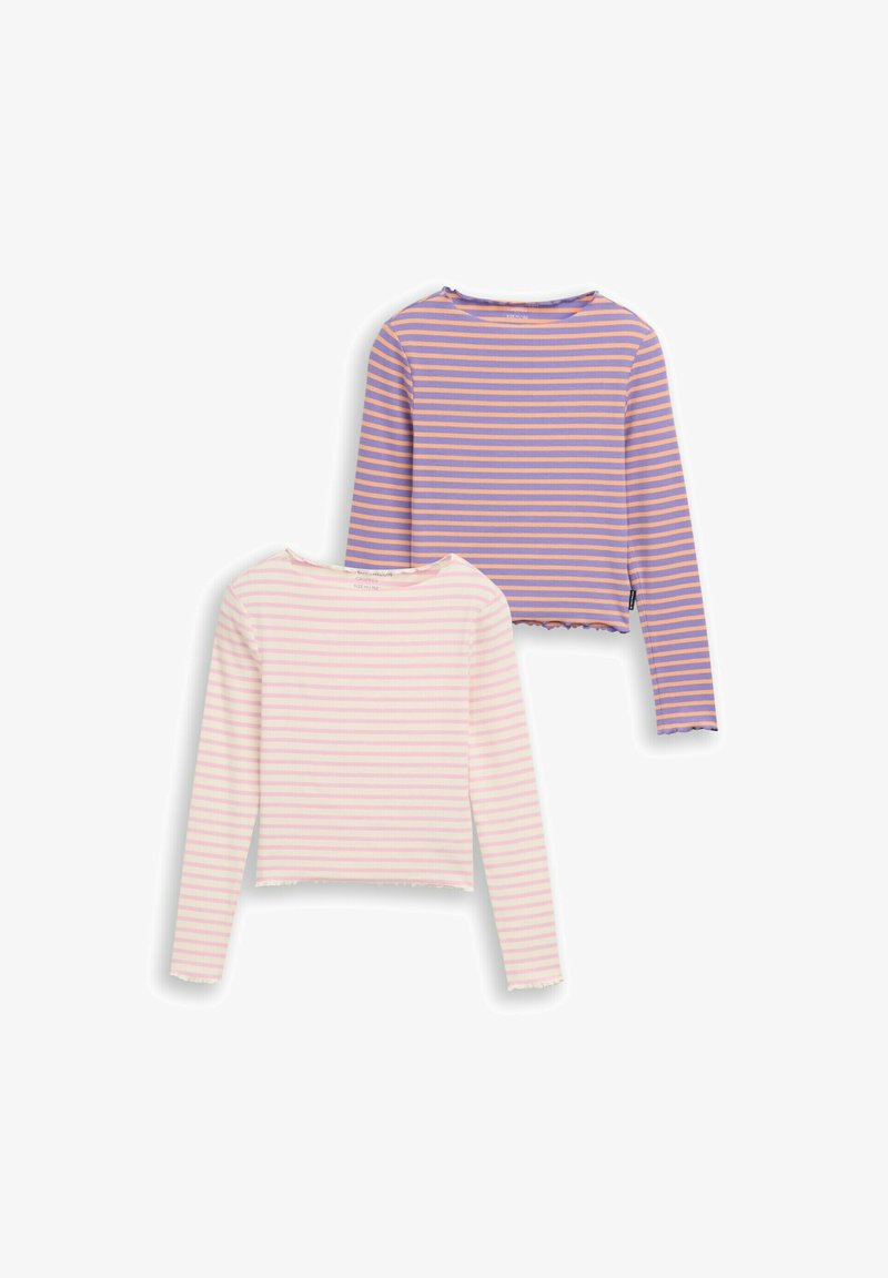 Dwie koszulki z długim rękawem, jedna lawendowa z różowymi paskami, druga jasnoróżowa z białymi paskami, z krótkim, falistym dołem.