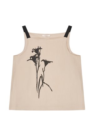 Top beige sans manches avec bretelles noires et motif silhouette florale noire au centre devant.