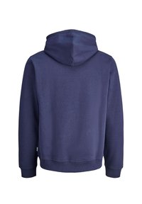 Marineblå hættetrøje med struktureret stof, ribbede manchetter og kant, der viser et bagview uden synlige logoer eller mønstre.