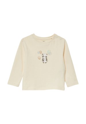 Langärmeliges hellcremefarbenes Hemd aus weicher Baumwolle mit einer Panda-Illustration und bunten Luftballons auf der Vorderseite. Druckknöpfe an der Schulter.