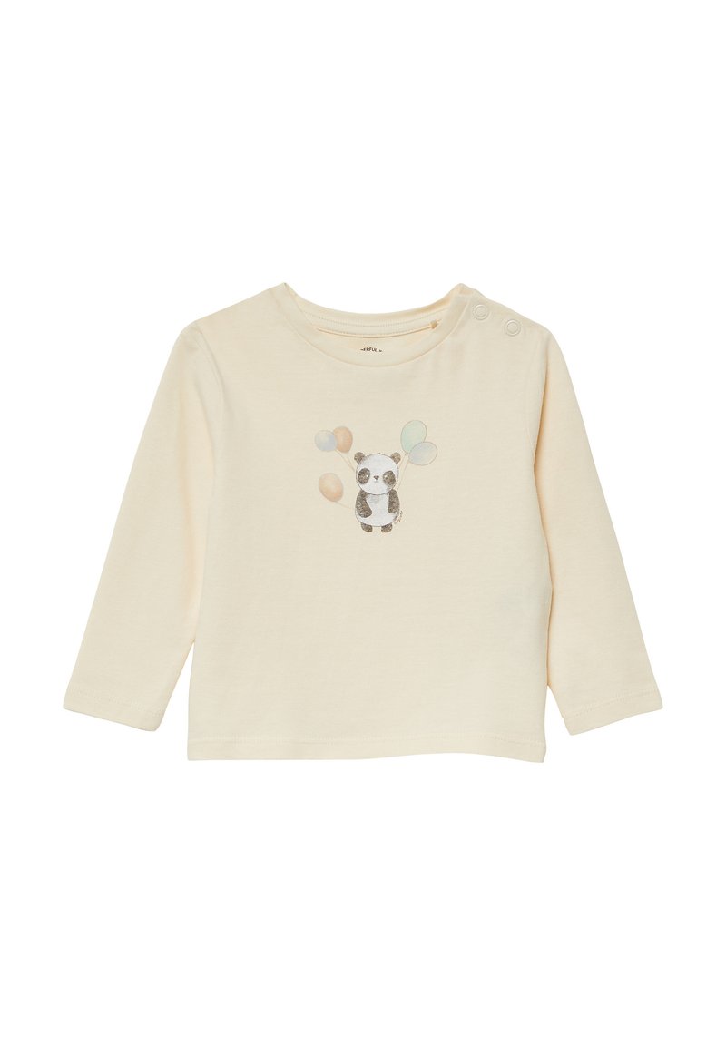 Langärmeliges hellcremefarbenes Hemd aus weicher Baumwolle mit einer Panda-Illustration und bunten Luftballons auf der Vorderseite. Druckknöpfe an der Schulter.