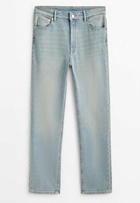 Ljusblå denimjeans med rak bendesign, fem fickor, knäppning med knapp och subtil blekning framtill.