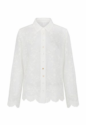 Hvid langærmet knapbluse med blomsterbroderi, bølget kant og spids krave.