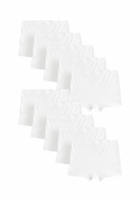 Paquet de dix paires de boxers blancs en coton avec une texture lisse, une taille élastique et un design à mi-cuisse.