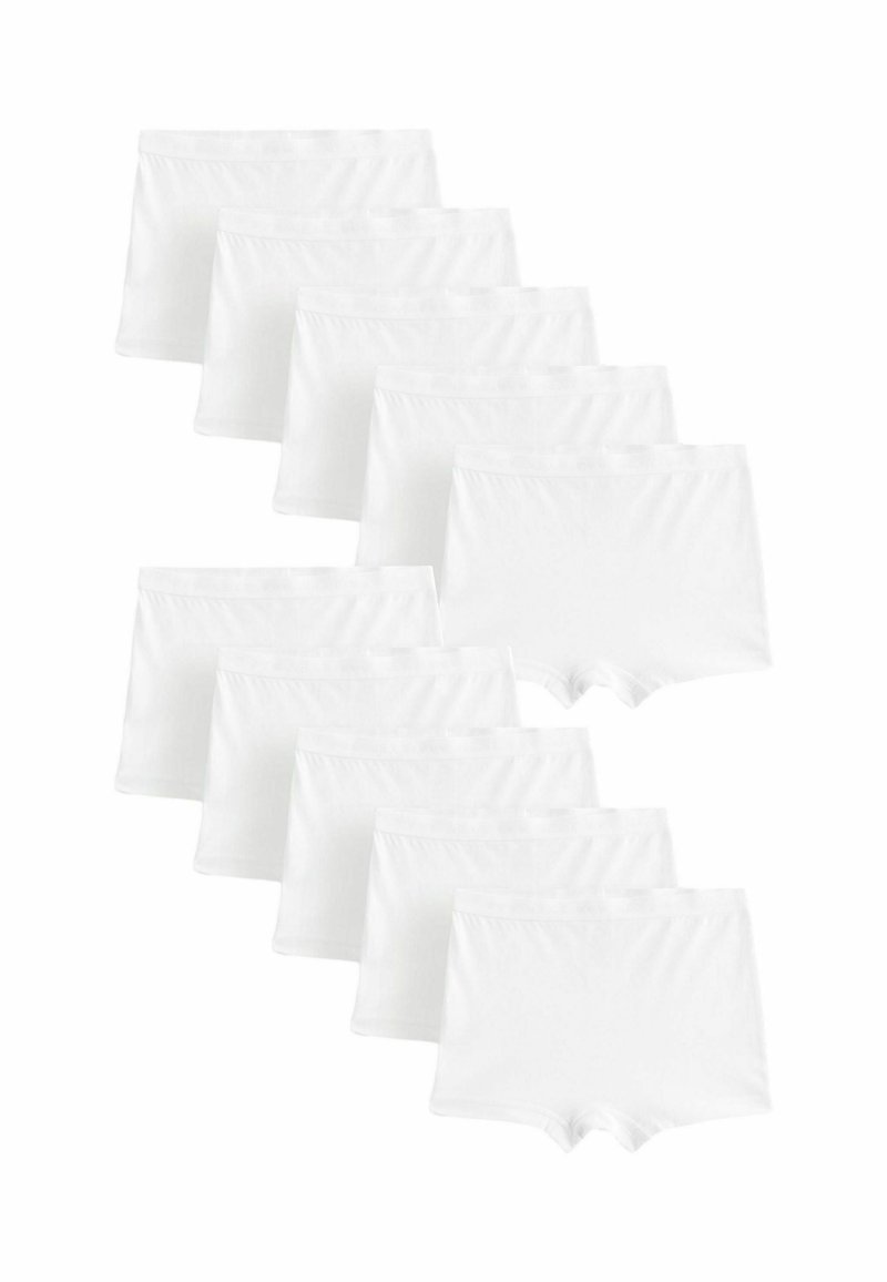 Paquet de dix paires de boxers blancs en coton avec une texture lisse, une taille élastique et un design à mi-cuisse.