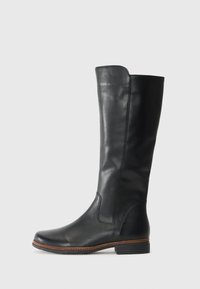 Bottes noires en cuir montantes, avec une finition lisse, un bout arrondi et un petit talon empilé. Présente une couture latérale discrète et des surpiqûres contrastantes.