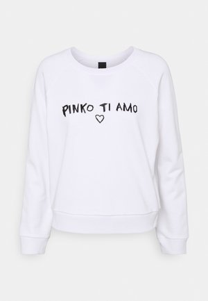 Felpa bianca a maniche lunghe con testo nero "PINKO TI AMO" e una piccola grafica a forma di cuore al centro sulla parte anteriore.