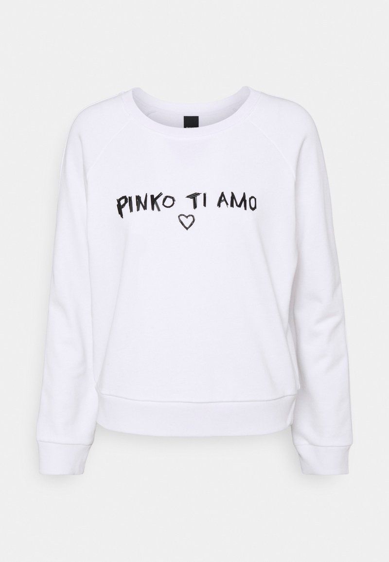Vit sweatshirt med långa ärmar och svart text "PINKO TI AMO" samt en liten hjärt-grafik centrerad på framsidan.