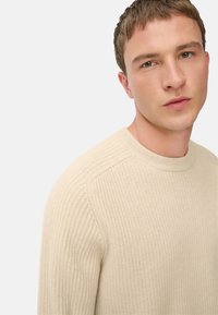 Beige Ribbenpullover mit Rundhalsausschnitt, strukturiertem Strickmuster und betonten Schulternähten, aus einem weichen, leichten Stoff.