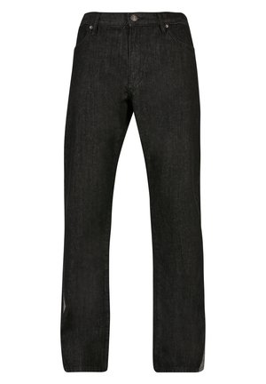 Black denim jeans with a straight leg design, five pockets, and a metal button closure. The fabric has a slight texture and minimal fading.