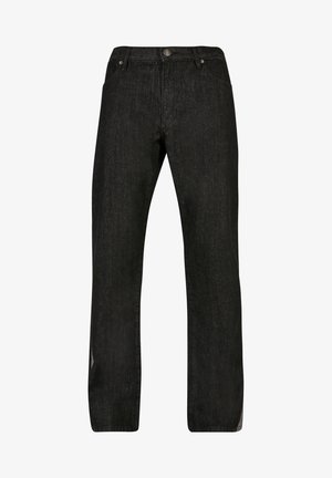 Jeans de mezclilla negra con un diseño de pierna recta, cinco bolsillos y cierre con botón de metal. La tela tiene una ligera textura y un desvanecimiento mínimo.