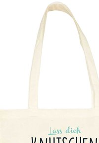 Borsa in cotone beige con manici lunghi, caratterizzata da un design stampato in testo nero e teal con un messaggio giocoso.