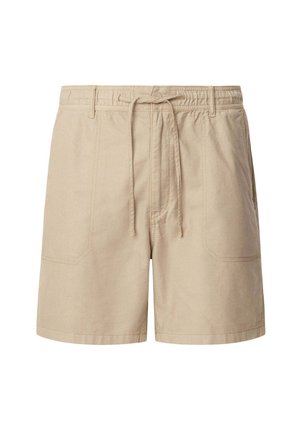 Pantaloni shorts in cotone beige con vita elastica e cordino, dotati di due tasche frontali e dettagli di cucitura a contrasto.