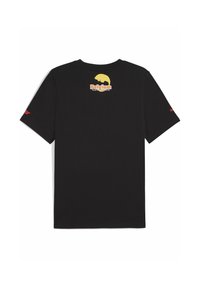Sort t-shirt med et grafisk motiv på ryggen, hvor der står "Belgien" og en silhuet over en gul cirkel. Enkel design, korte ærmer.