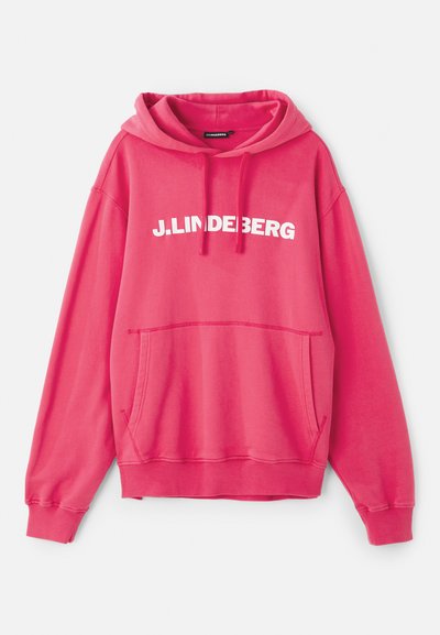 Rosa Kapuzensweatshirt mit einer Fronttasche. Das Markenlogo "J.LINDEBERG" ist auffällig in Weiß über die Brust gedruckt.