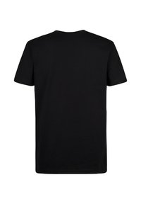 Tricou negru din bumbac, cu guler rotund și mâneci scurte. Prezintă o textură netedă și o croială clasică, lejeră. Vedere din spate.